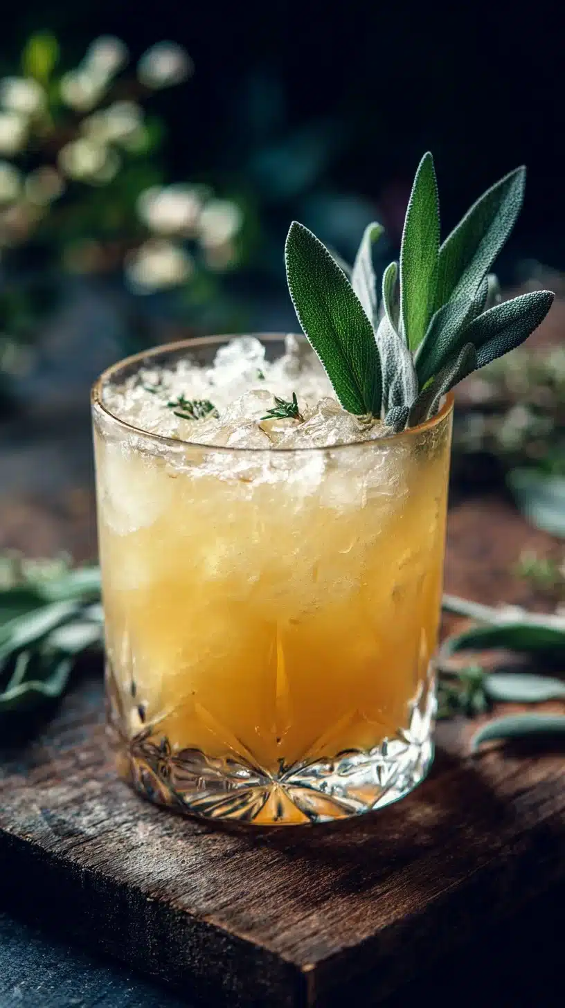 A refreshing Pear and Sage Mocktail with fresh ingredients in a glass.