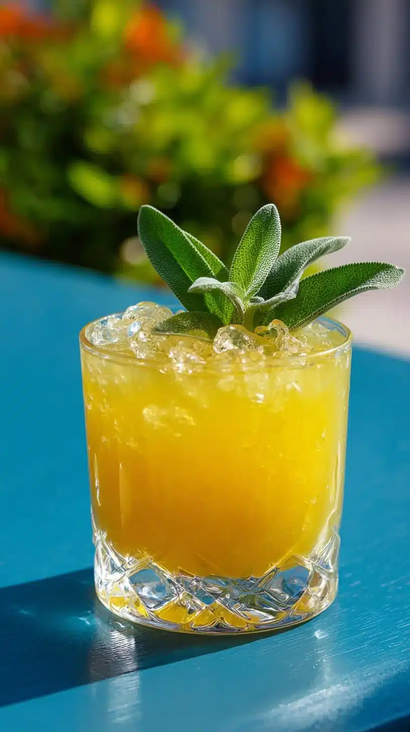 A refreshing Pear and Sage Mocktail served in a glass with fresh ingredients.