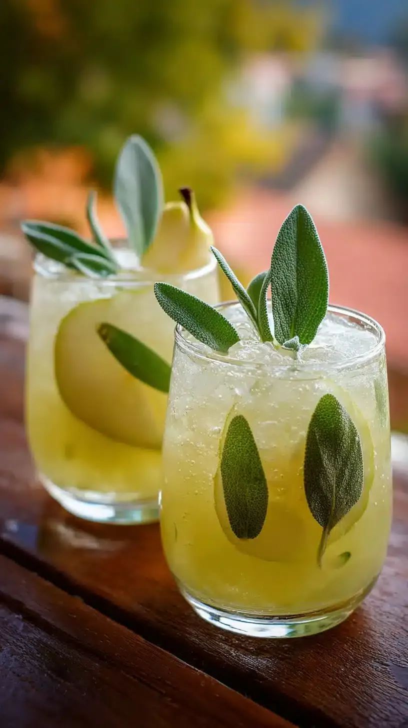 Refreshing pear sage mocktail with garnishes in a glass