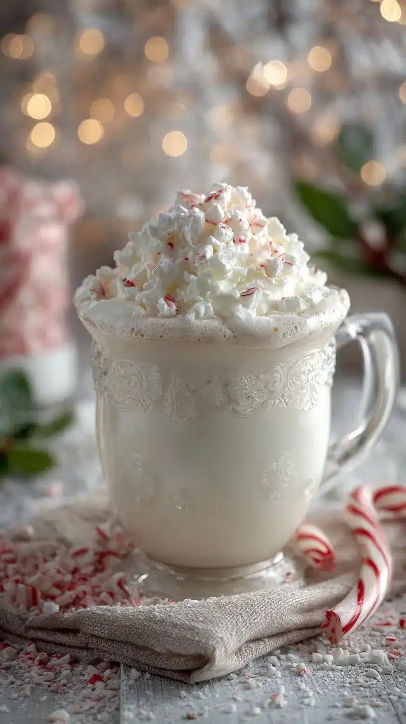 A cup of peppermint white hot chocolate topped with whipped cream and crushed peppermint candy.