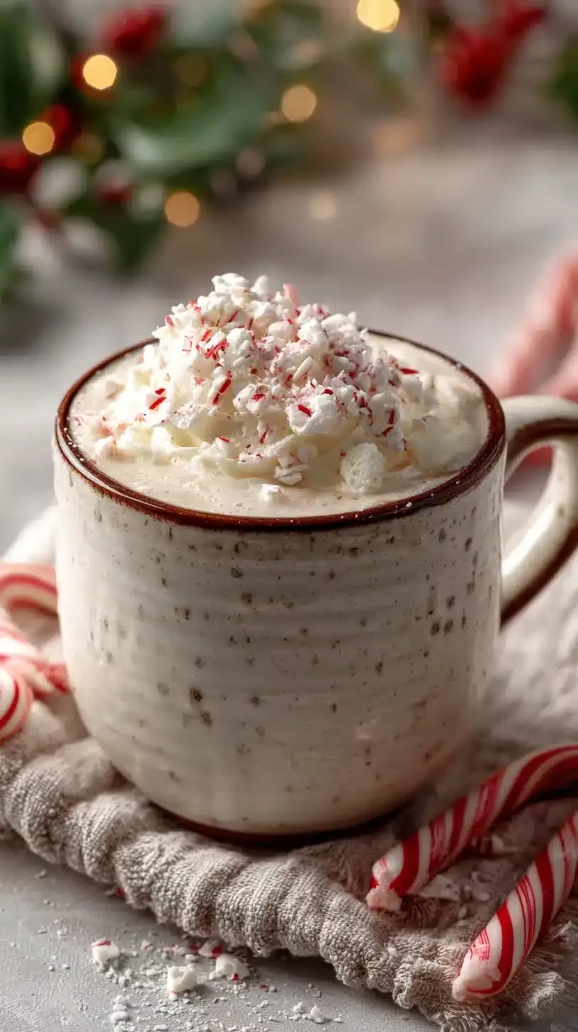 Delicious peppermint white hot cocoa topped with whipped cream and candy canes