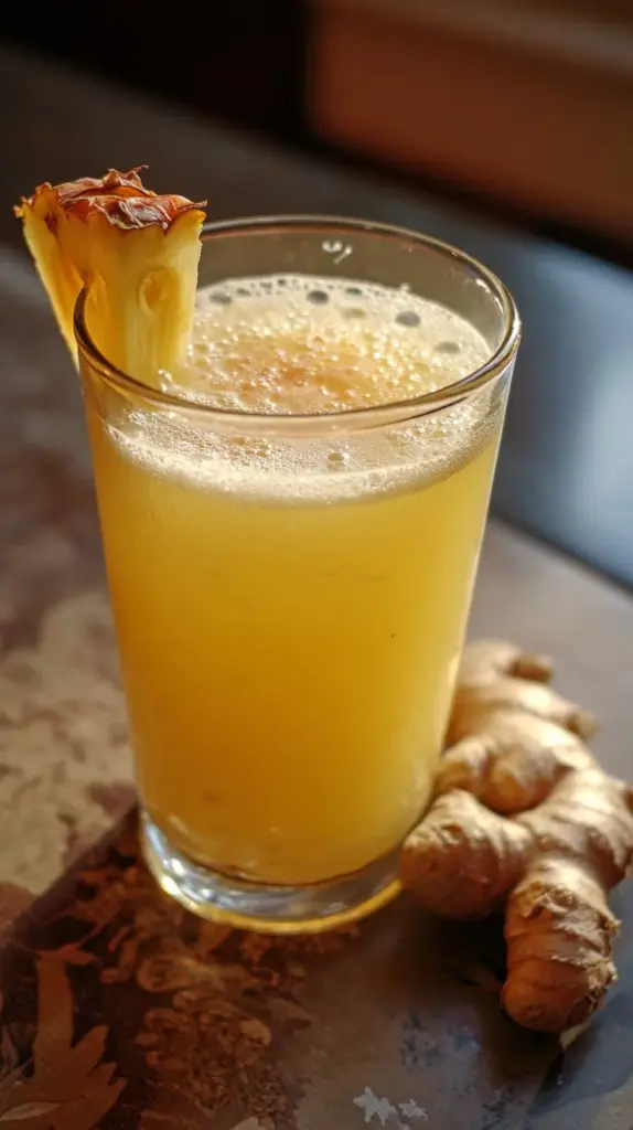 A refreshing Pineapple Ginger Fizz cocktail with garnishes served in a glass.