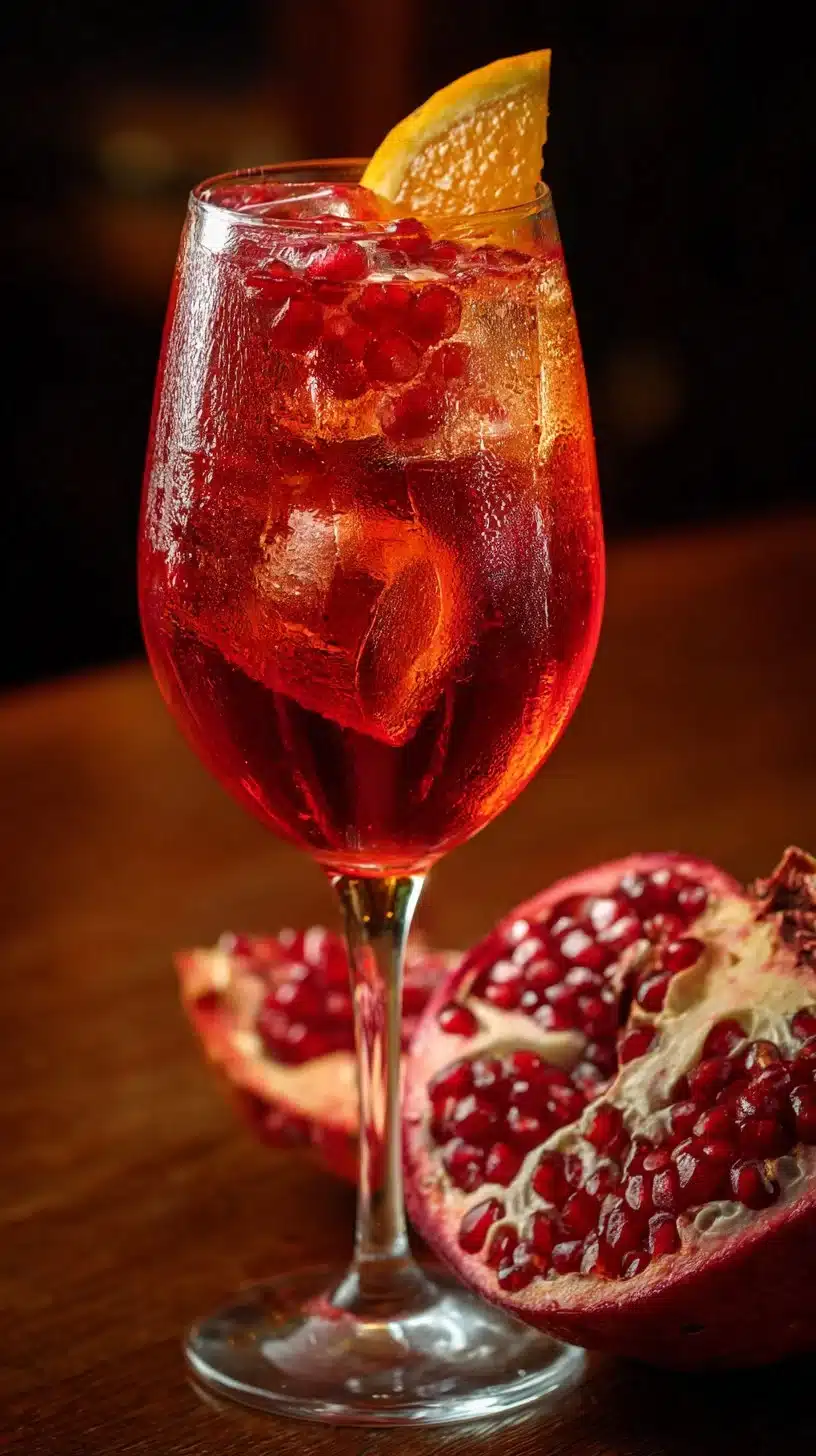 Pomegranate Aperol Spritz cocktail with vibrant colors and fresh garnishes.