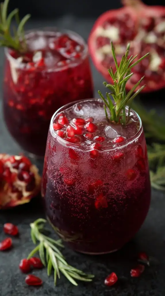 Pomegranate Ginger Spritz mocktail served in a glass with garnishes