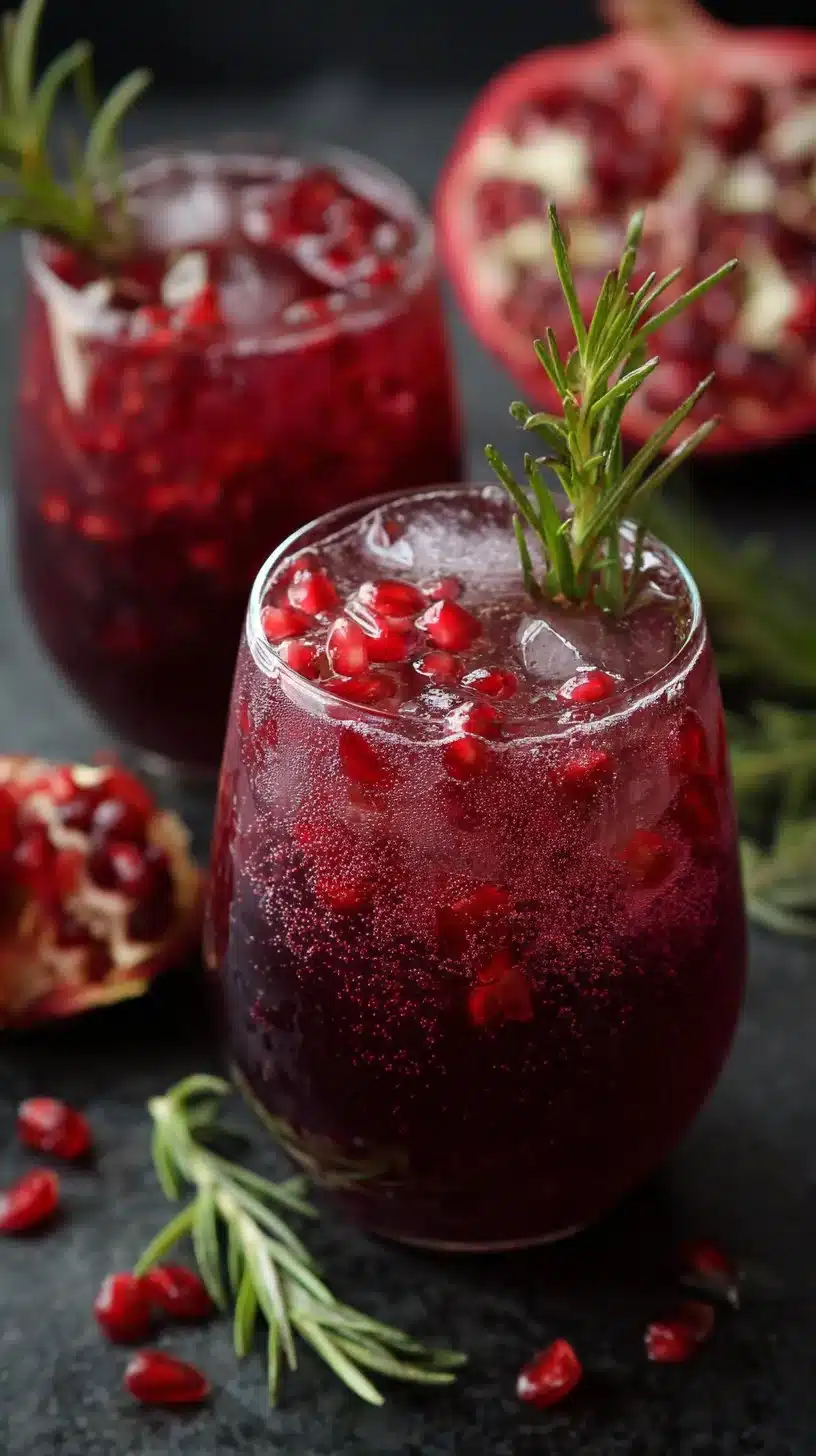 Pomegranate Ginger Spritz mocktail served in a glass with garnishes