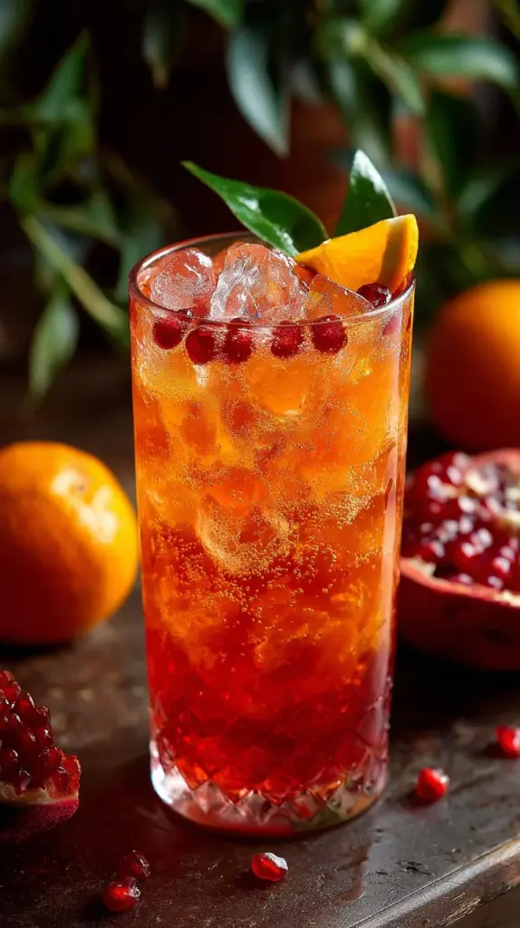 Refreshing Pomegranate Orange Spritz cocktail with pomegranate seeds and orange slices