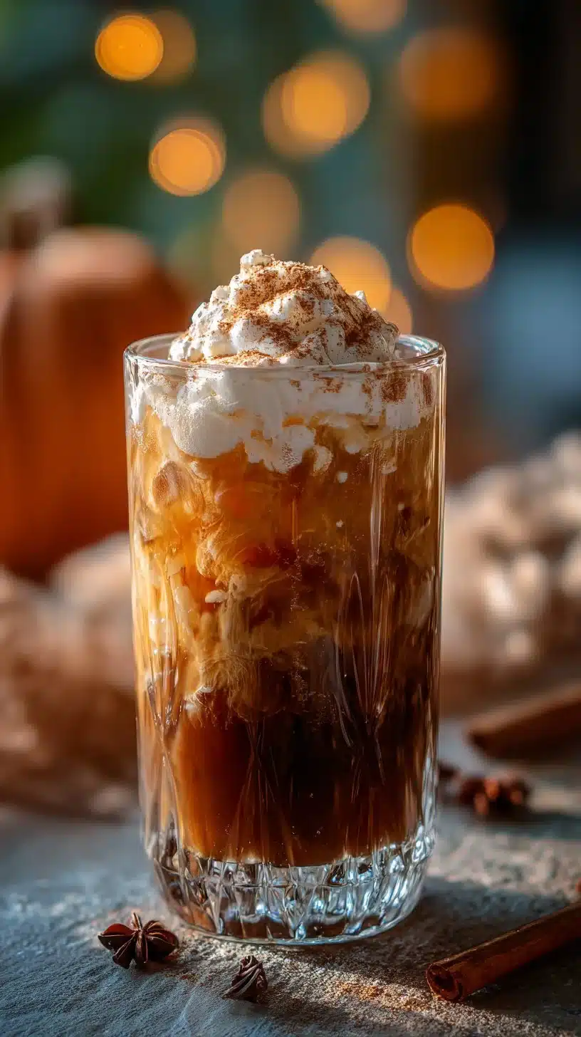 Delicious Pumpkin Spice Iced Latte Mocktail garnished with spices and cream