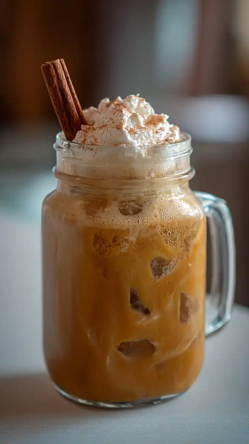 Pumpkin Spice Iced Latte mocktail topped with whipped cream and cinnamon