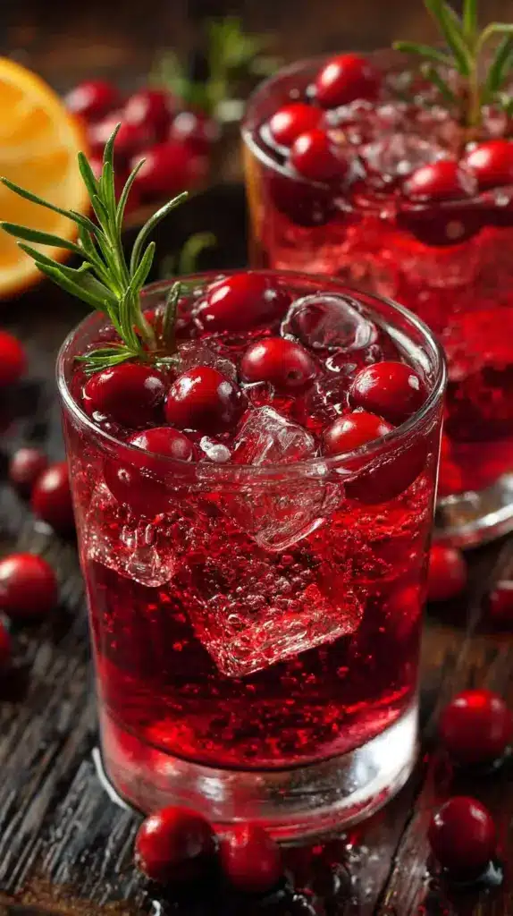 Festive Christmas Cranberry Spritzer in a glass with fresh cranberries
