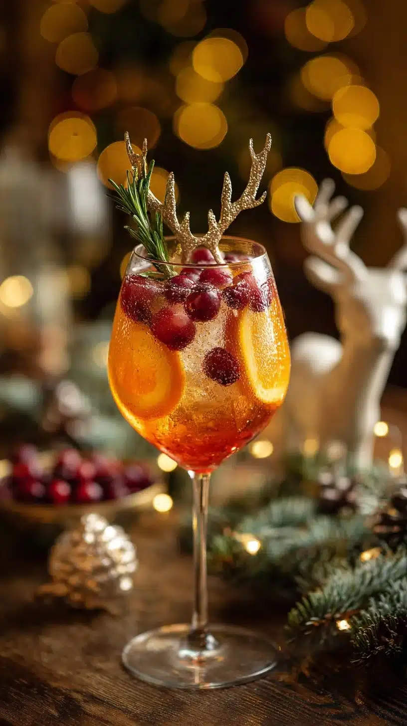 A festive glass of Rudolph's Tipsy Spritz cocktail garnished with berries