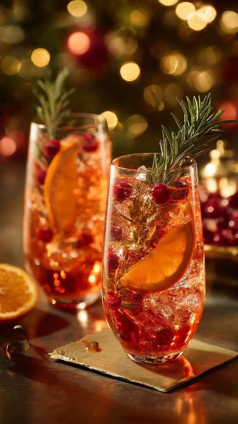 Holiday drink recipe for Santa Spritz with festive ingredients and garnishes.