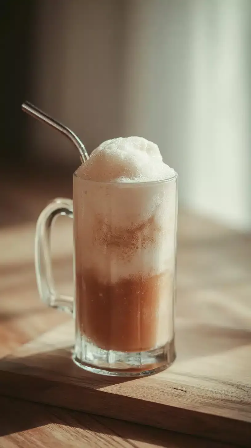 Sparkling apple cider float topped with creamy ice cream in a glass