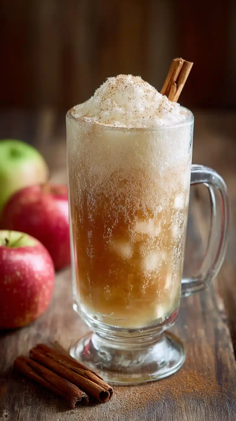 Sparkling apple cider float garnished with ice cream and cinnamon