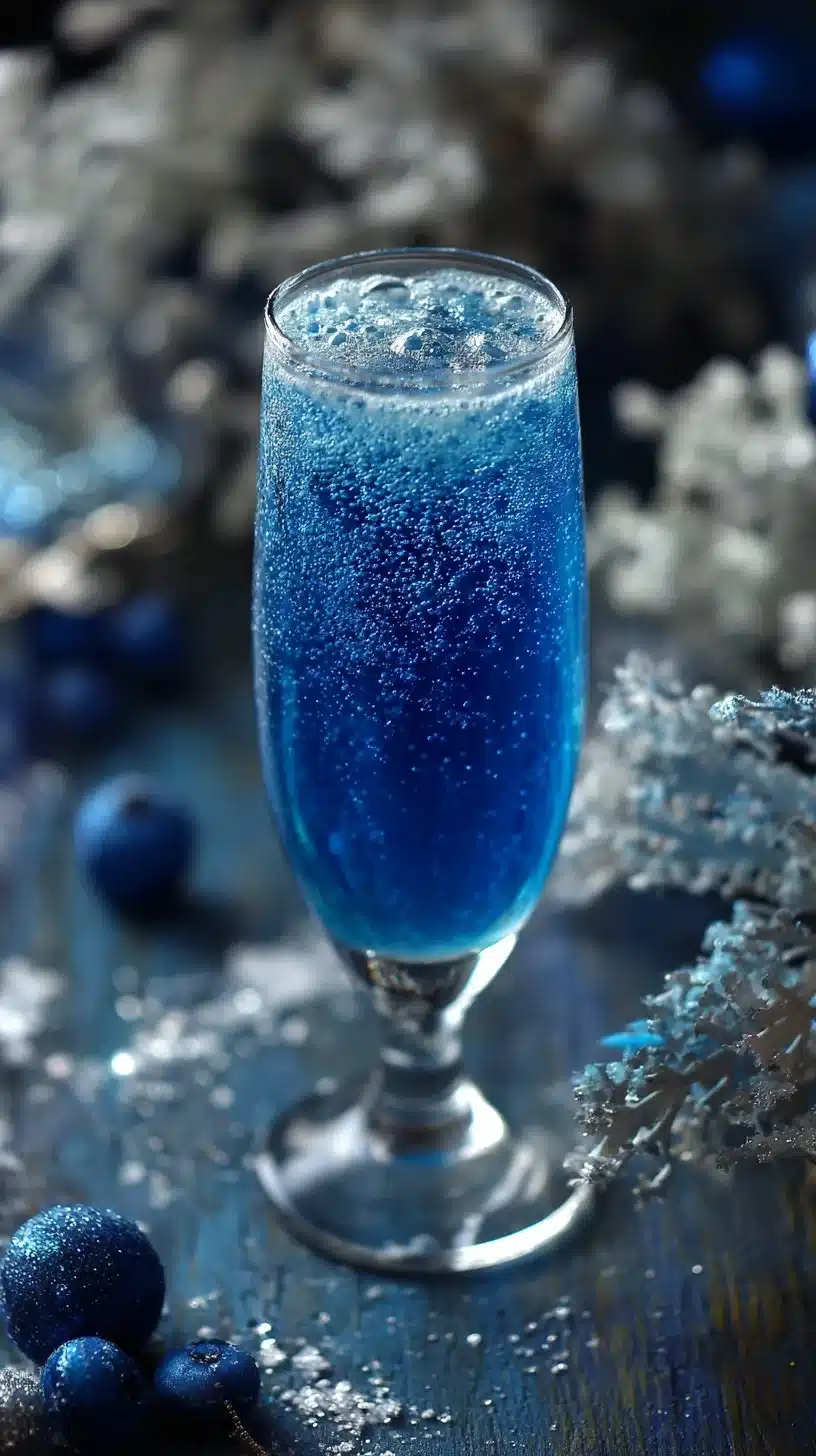 Sparkling Blue Winter Mocktail served in a glass with winter decor