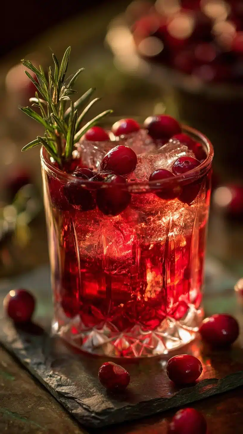 Sparkling cranberry rosemary cocktail garnished with fresh herbs and cranberries