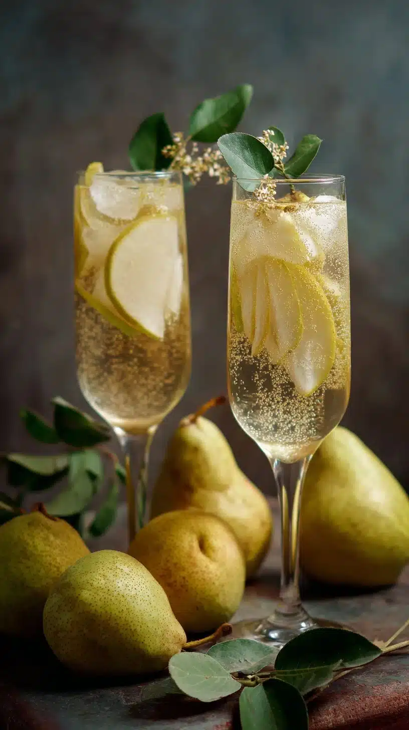 Sparkling Pear and Ginger Mocktail in a chilled glass with garnishes