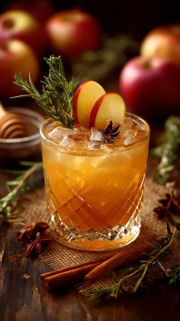 Spiced Apple Cider Spritz Mocktail garnished with fresh apples and spices