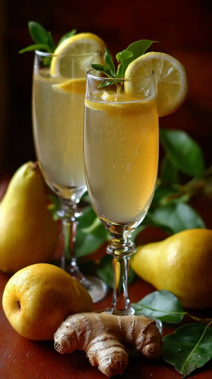 Spiced Pear and Ginger Fizz Mocktail served in a glass garnished with pear slices