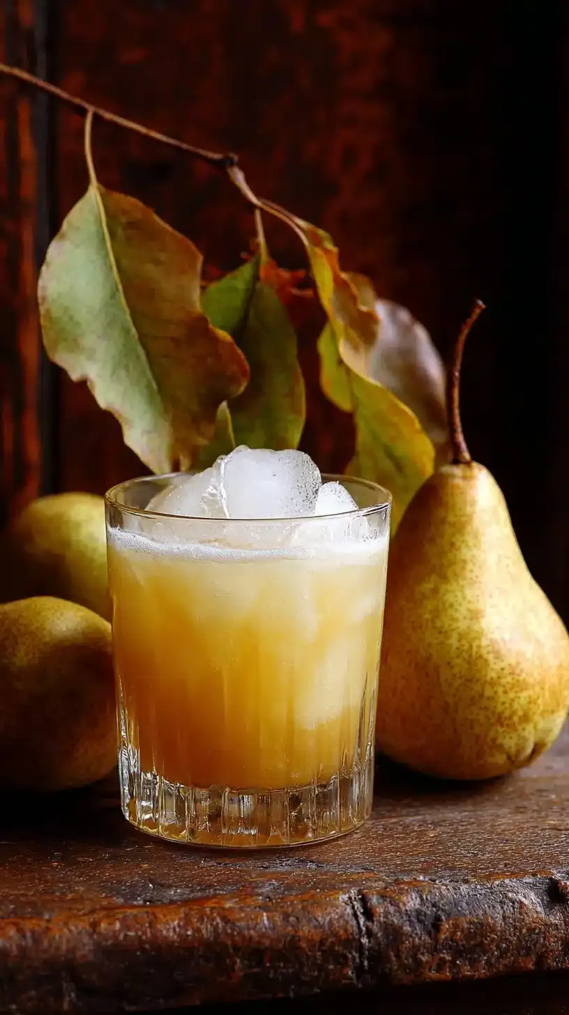 A refreshing spiced pear fizz mocktail garnished with spices and pear slices.