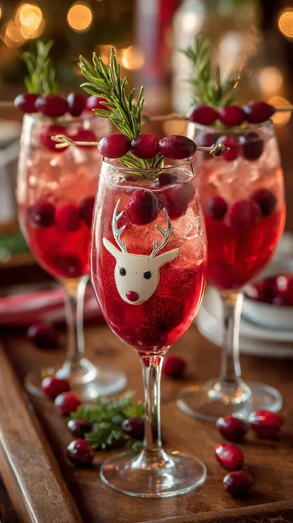 A festive Tipsy Rudolph Spritzer cocktail decorated for the holidays.