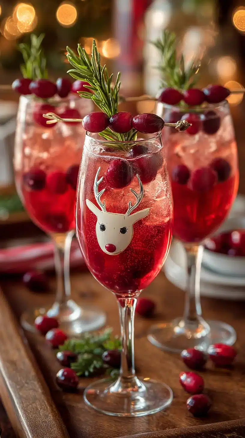 A festive Tipsy Rudolph Spritzer cocktail decorated for the holidays.