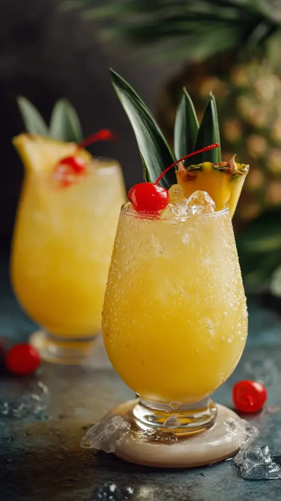 Tropical non-alcoholic Piña Colada Punch served in a glass with fruit garnishes.