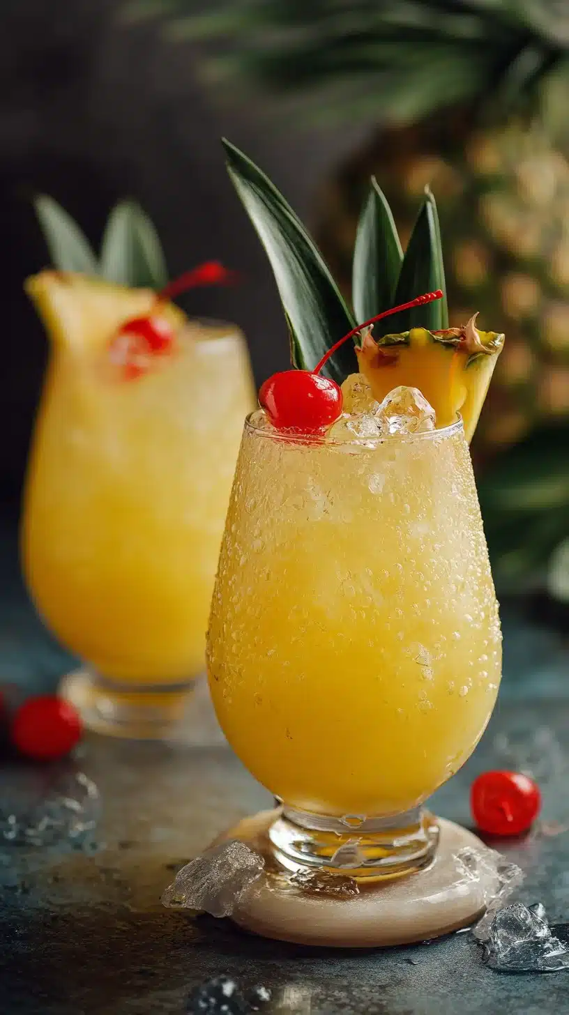 Tropical non-alcoholic Piña Colada Punch served in a glass with fruit garnishes.