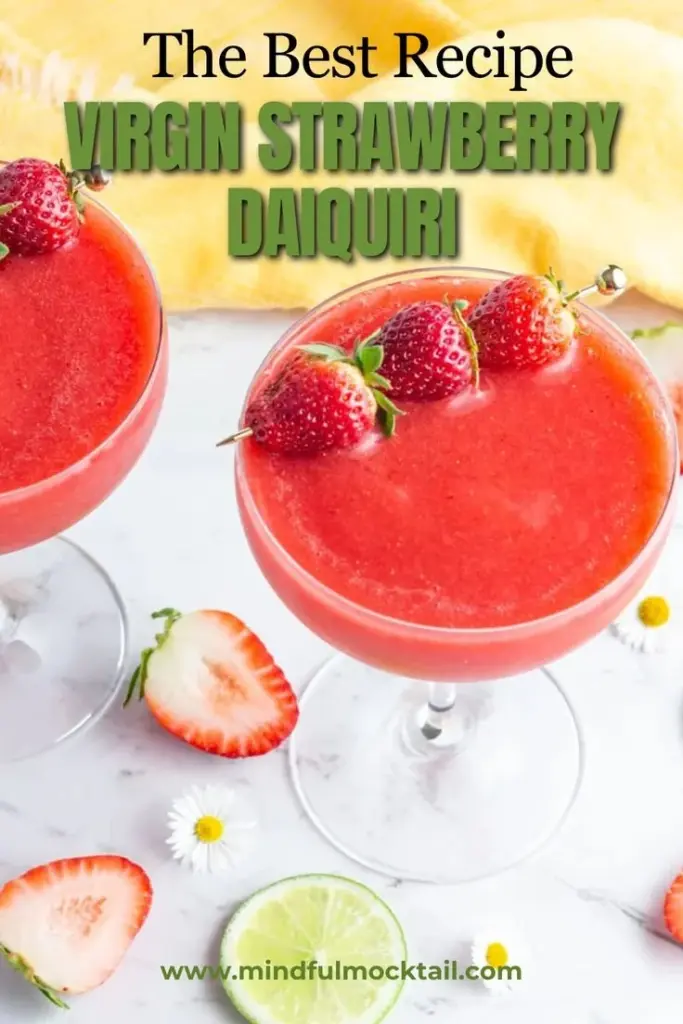 A refreshing Virgin Strawberry Daiquiri in a glass garnished with strawberries.