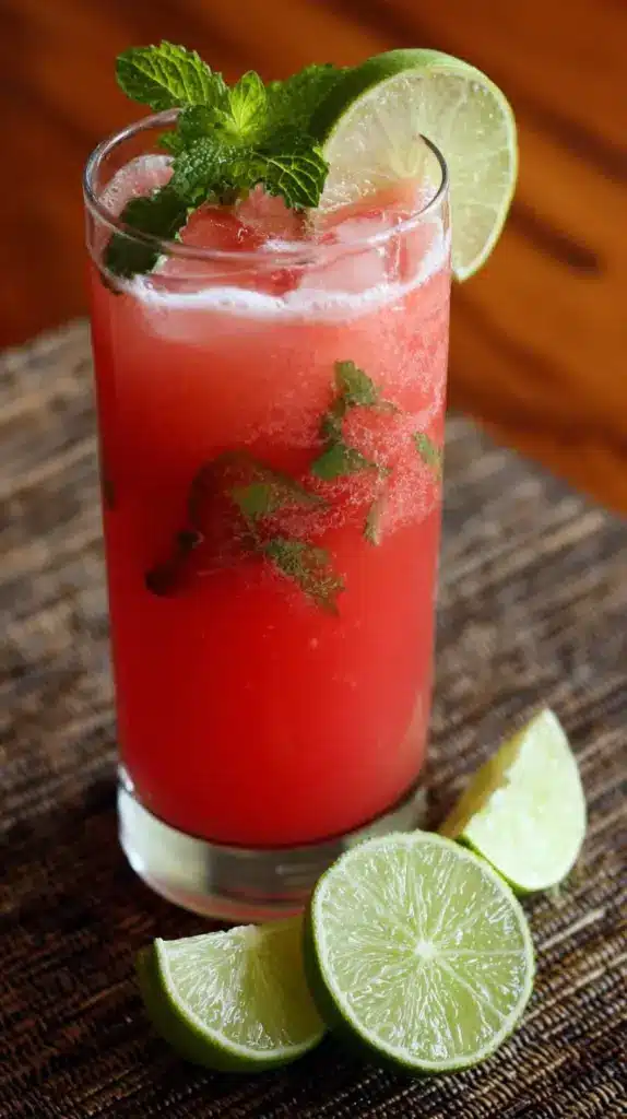 Glass of Watermelon Lime Refresher with mint garnish on a sunny table.