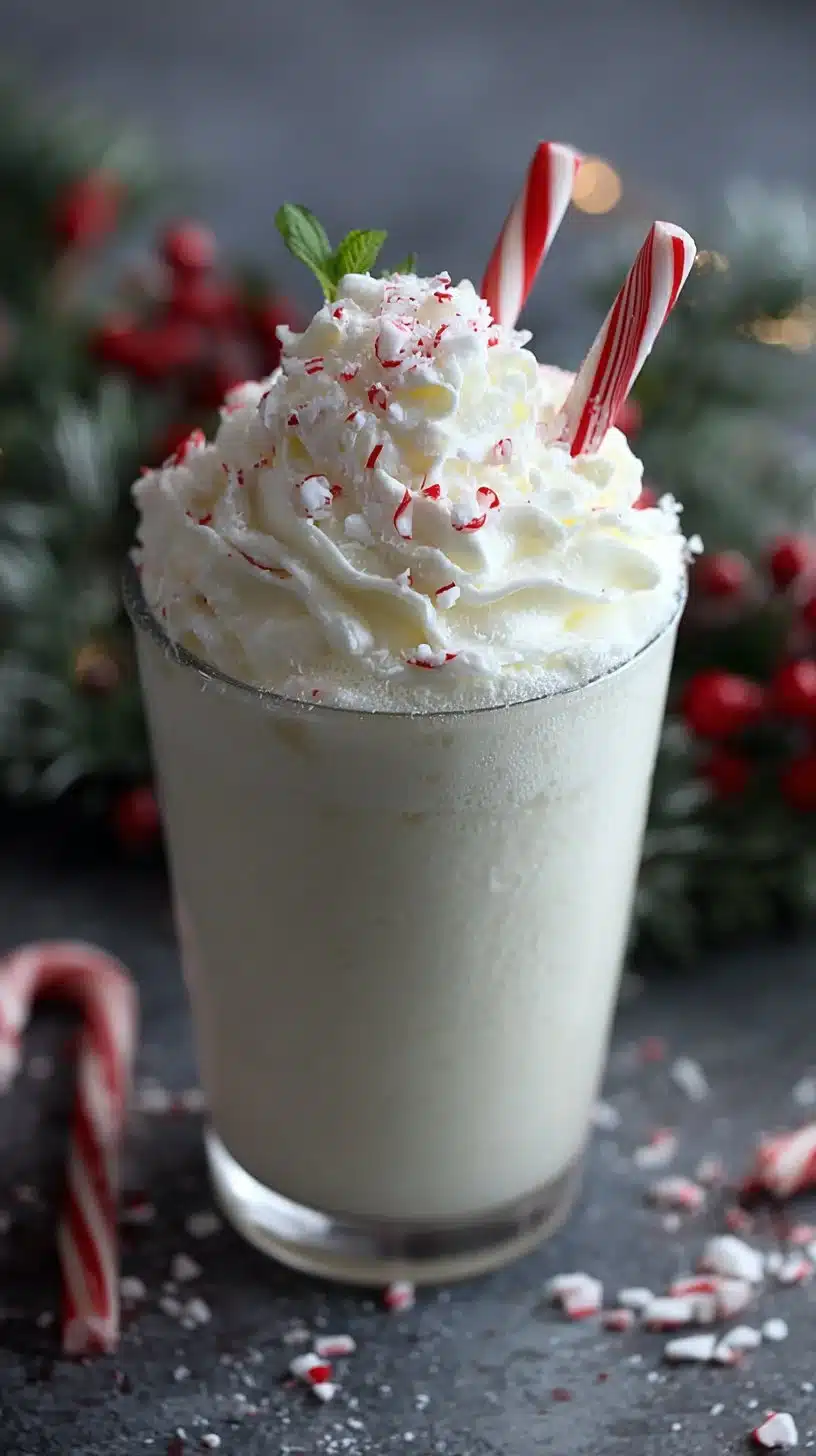 White Chocolate Peppermint Frappe Mocktail garnished with whipped cream and candy cane