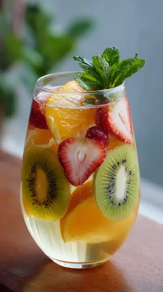 Refreshing White Sangria Mocktail in a glass with fruits