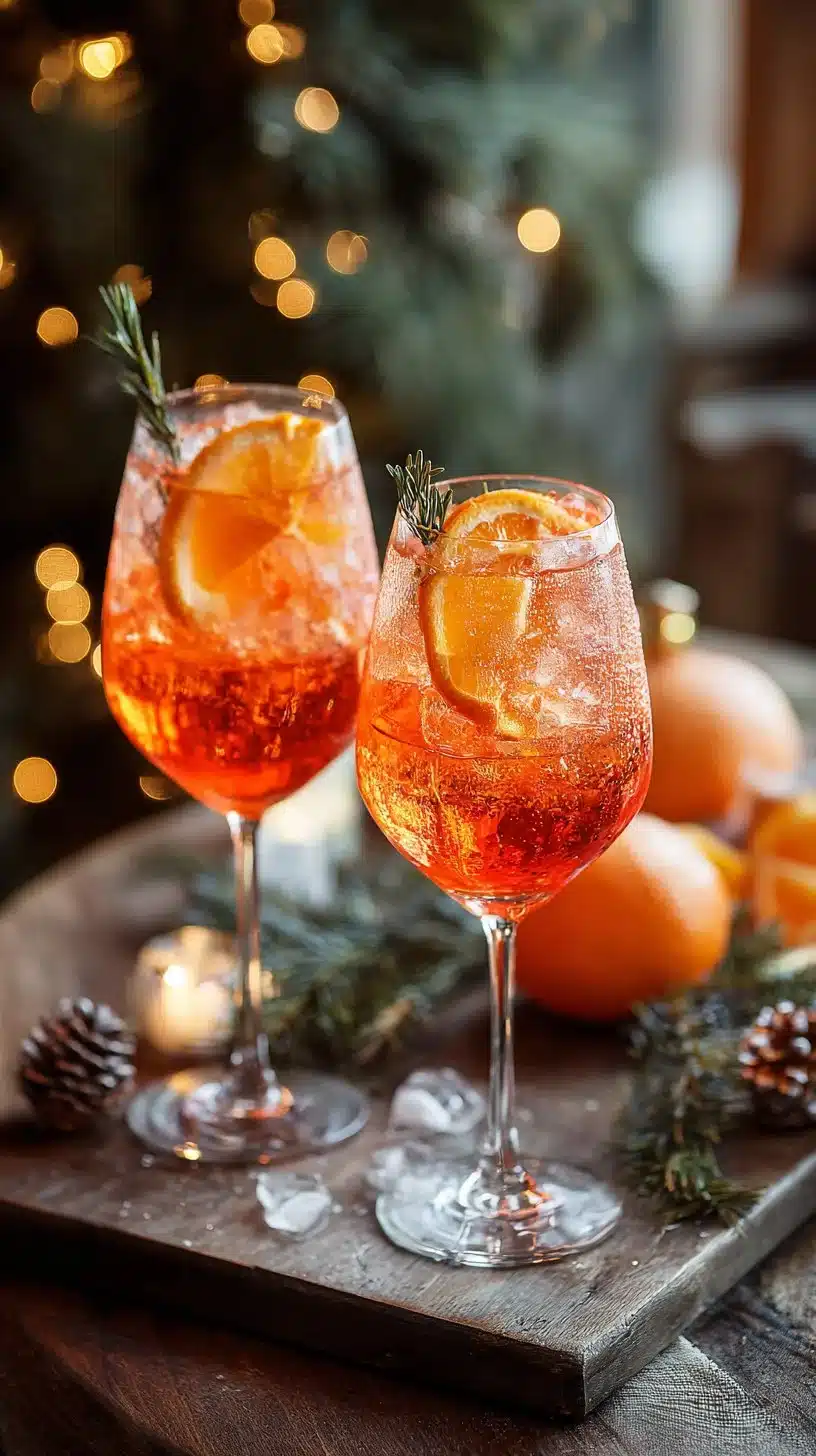 A festive Winter Aperol Spritz cocktail garnished with orange slices and herbs.
