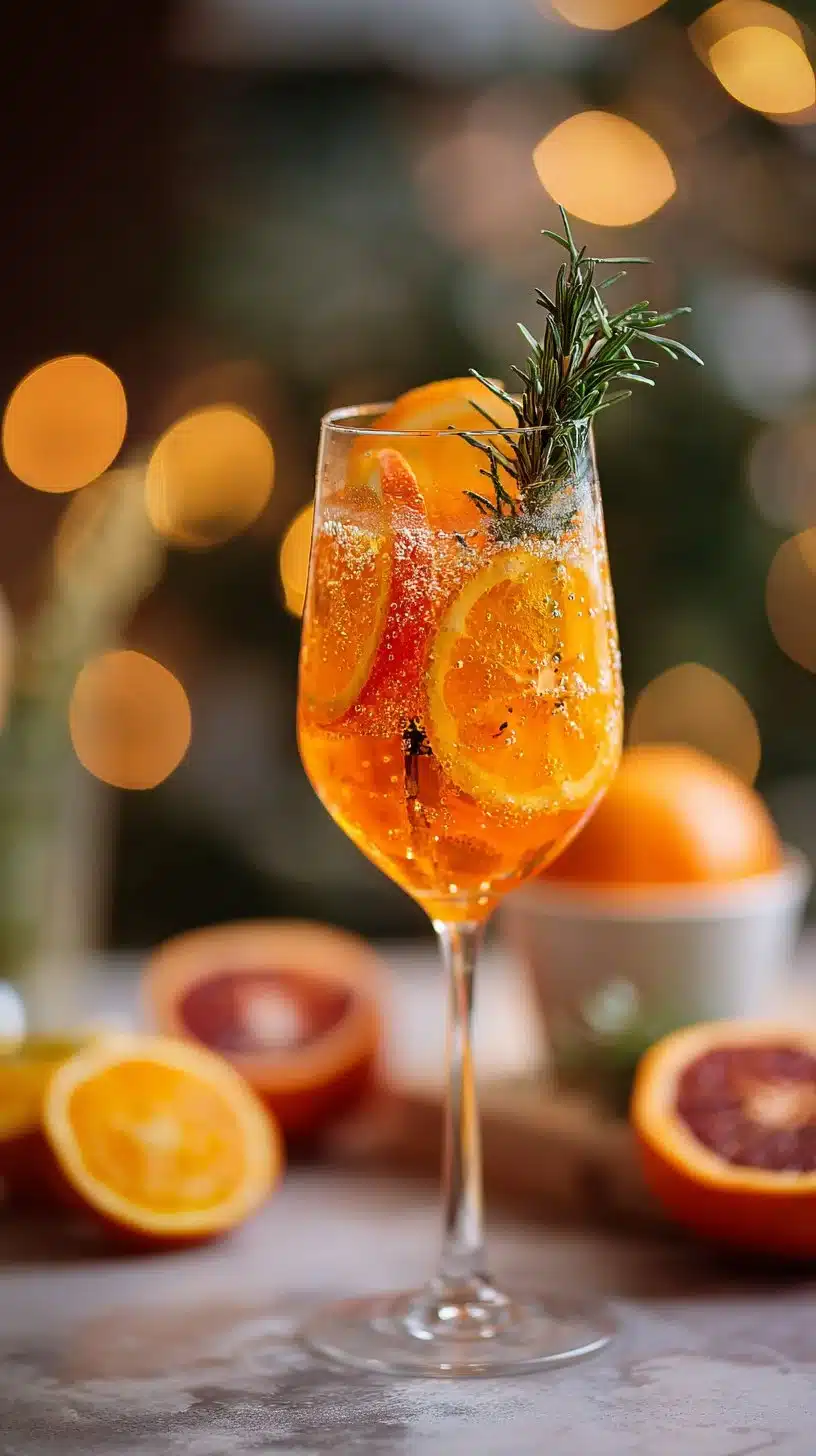 A vibrant Winter Citrus Spritz mocktail garnished with fresh citrus fruits.