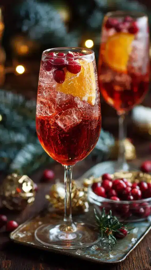 Glass of Winter Cranberry Aperol Spritz garnished with cranberries and orange