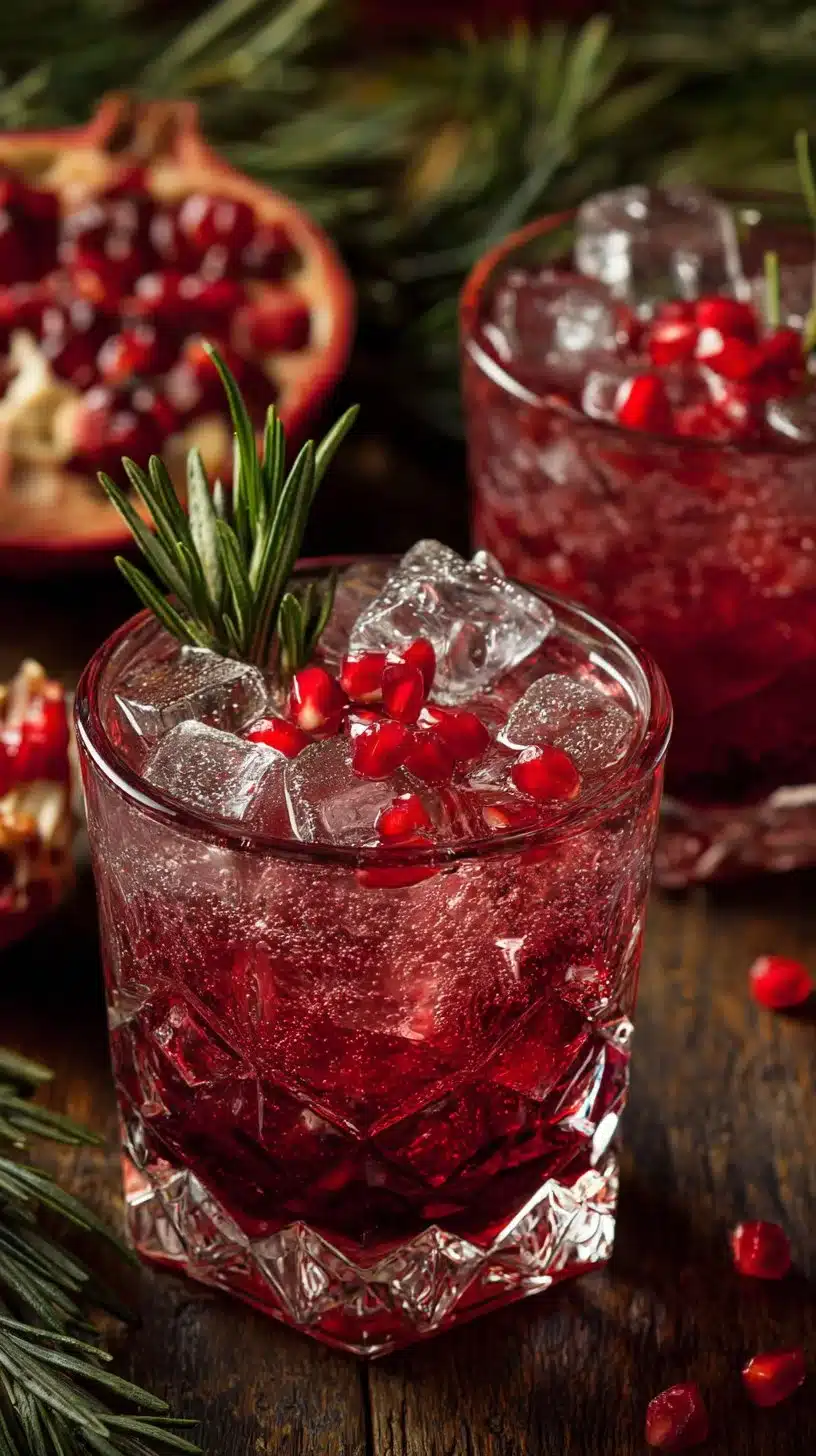 A festive Winter Pomegranate Spritz cocktail garnished with pomegranate seeds and mint.