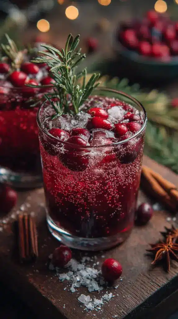 Refreshing Winter Spiced Berry Spritz mocktail with festive garnishes