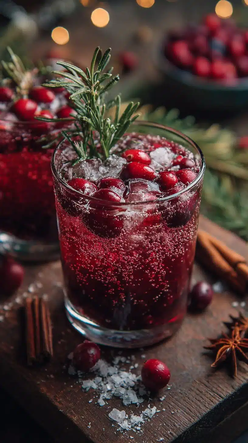 Refreshing Winter Spiced Berry Spritz mocktail with festive garnishes