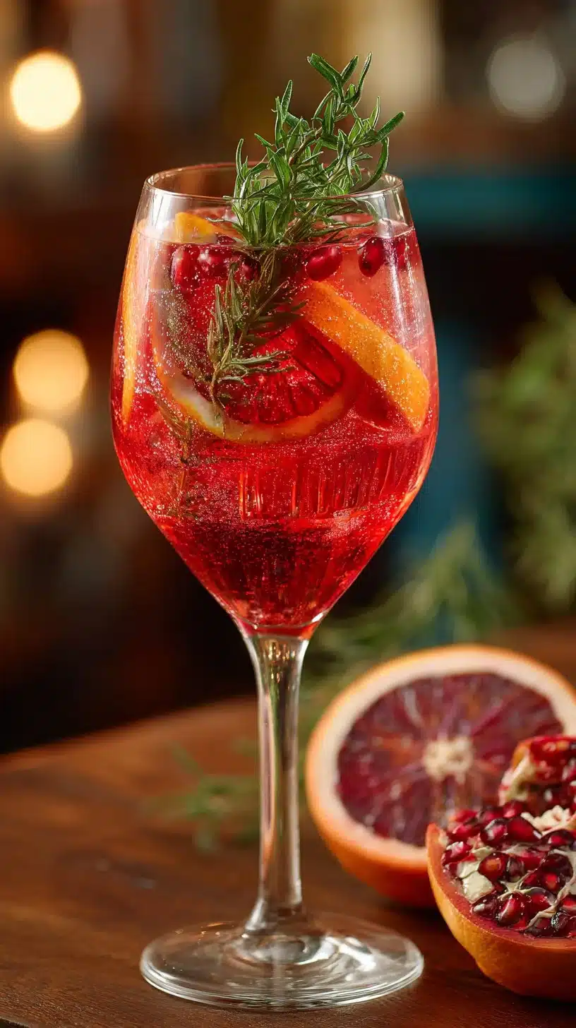 A refreshing Winter Spritz cocktail garnished with seasonal fruits and herbs.