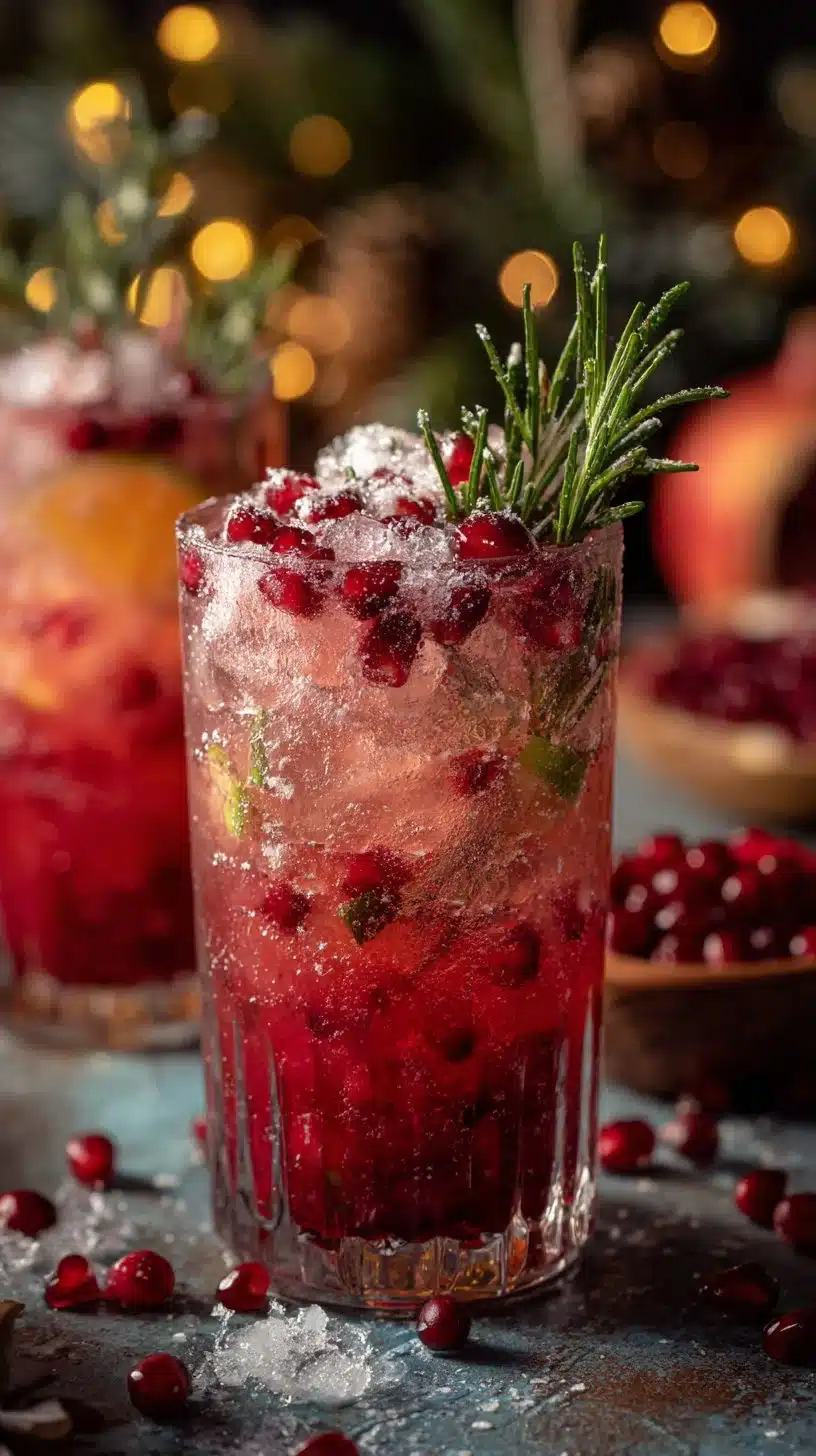 Festive Winter Wonderland Mocktail in a glass with seasonal decorations.