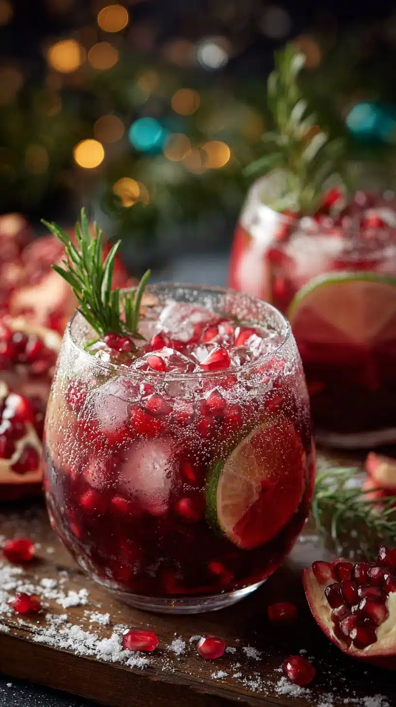 A refreshing glass of Winter Wonderland Punch mocktail surrounded by holiday decor.
